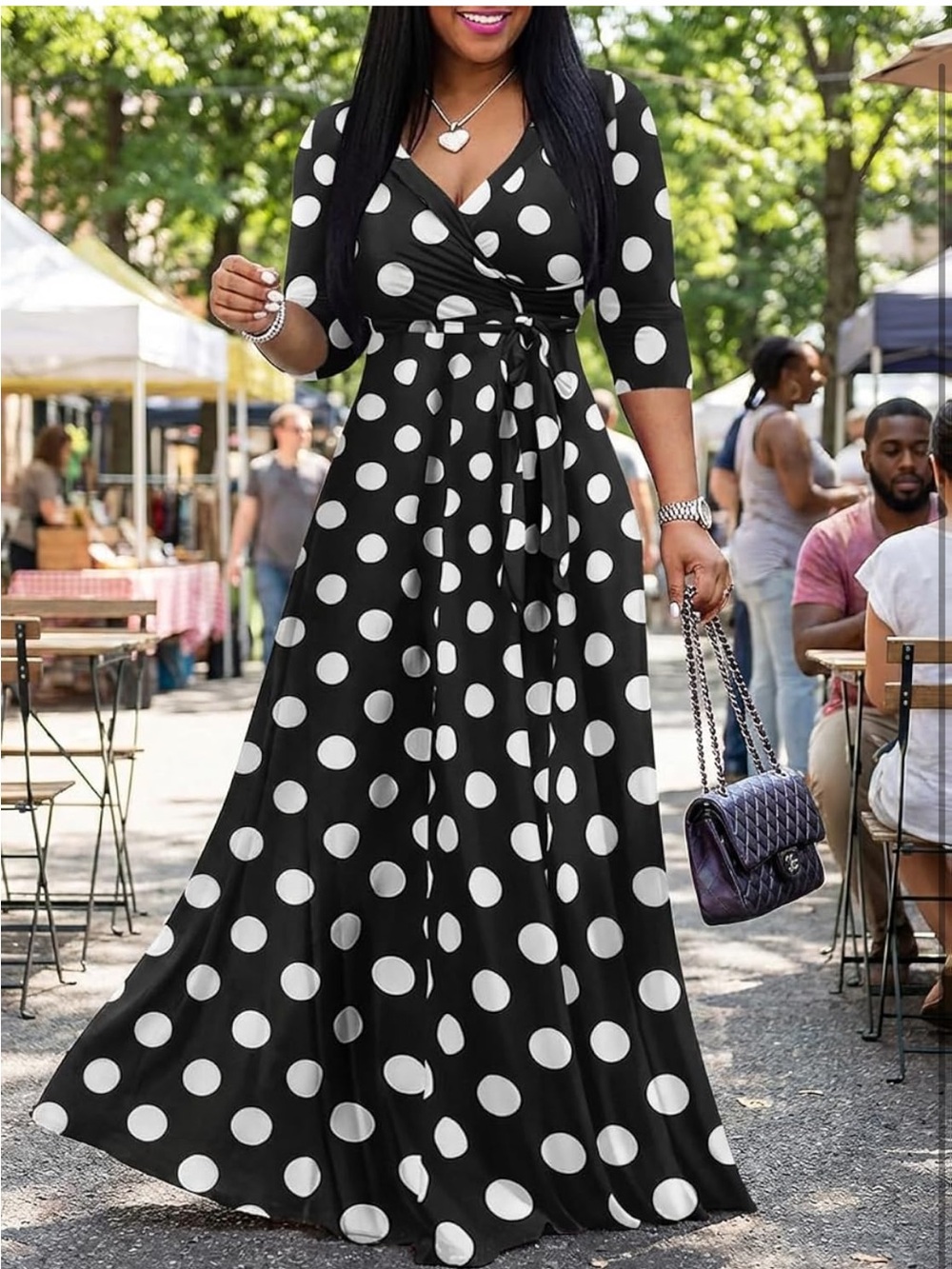 NWT Classic Black & White Polka Dot 3/4 Sleeve Maxi Dress w Pockets Size Small